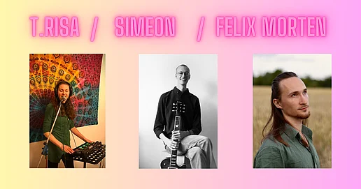 Die Namen der Künstler:innen stehen in heller Neon-Schrift über ihren Portraits. T.Risa sieht man mit einer Loop-Station und Mikrofon abgebildetet. Simeon sitzt mit seiner Gitarre auf einem Hocker. Das Bild ist in Schwarz/Weiß. Felix Morten wurde auf einem abgemähten Feld im Sommer fotografiert.