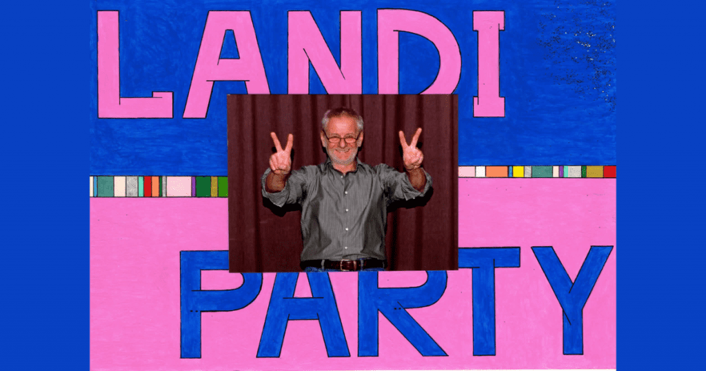 Eine buntes Bild, das aus zwei Ebenen besteht. Der Hintergrund zeigt in großen Buchstaben und knalligen Farben 