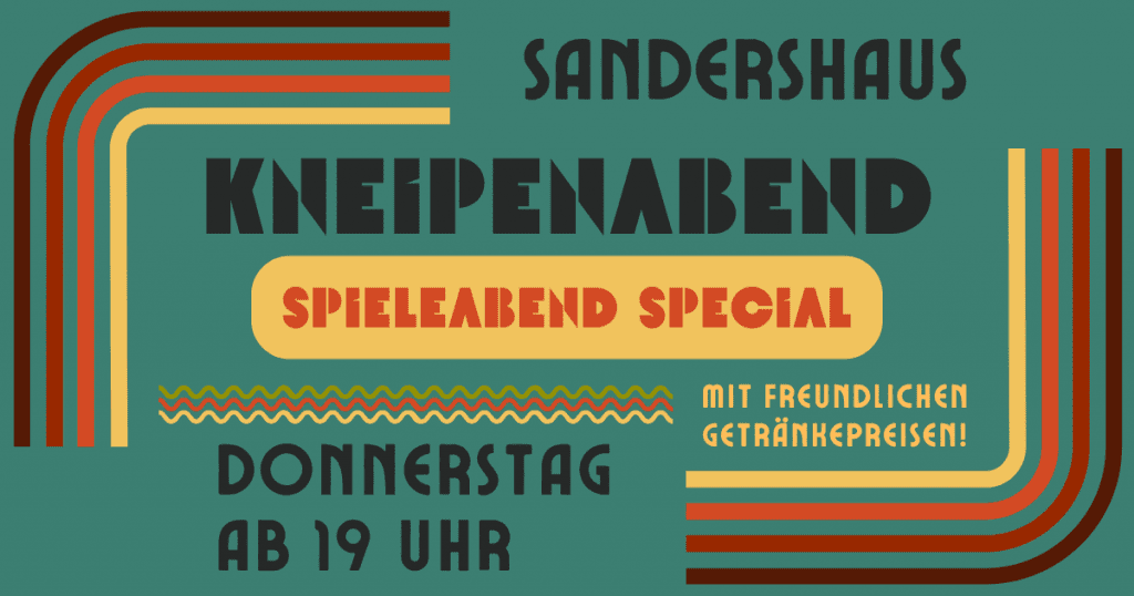 Die Grafik zeigt kompakt alle Infos für den Kneipenabend - Spieleabend Spezial. Er beginnt am Donnerstag um 19 Uhr. Daneben steht: 